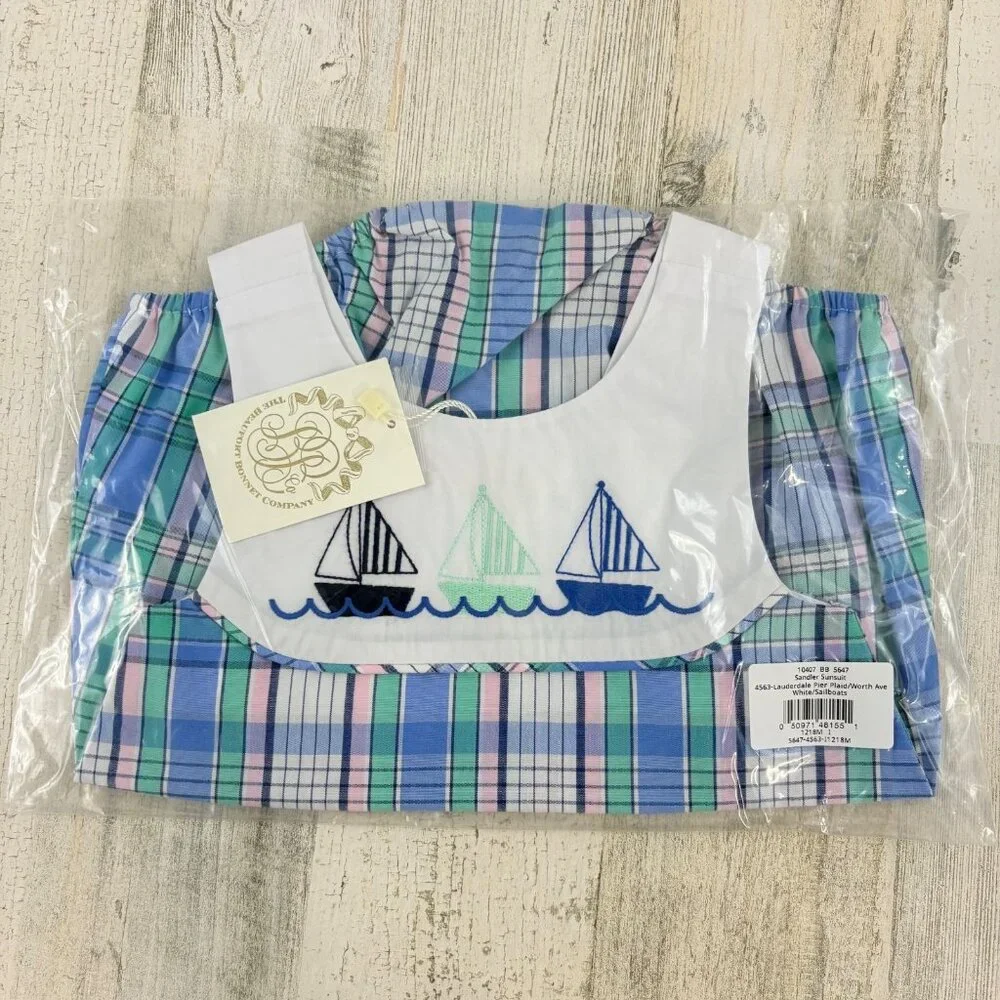 The Beaufort Bonnet Company Sandler Sunsuit Sailboats Plaid Boys 12 to 18 M NEW - Picture 2 of 4